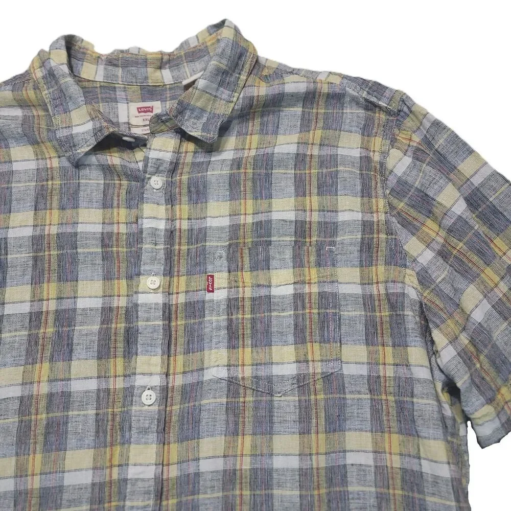 Levis Linen Blend Button Up Short Sleeve Shirt Mens XXL Standard Plaid